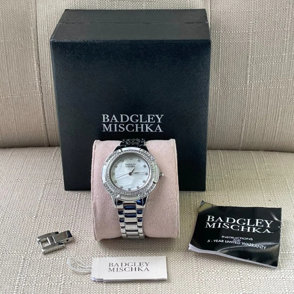 Badgley Mischka Ladies Watch Silver Tone Crystals Accent Analog Quartz Watch Box - Picture 2 of 12